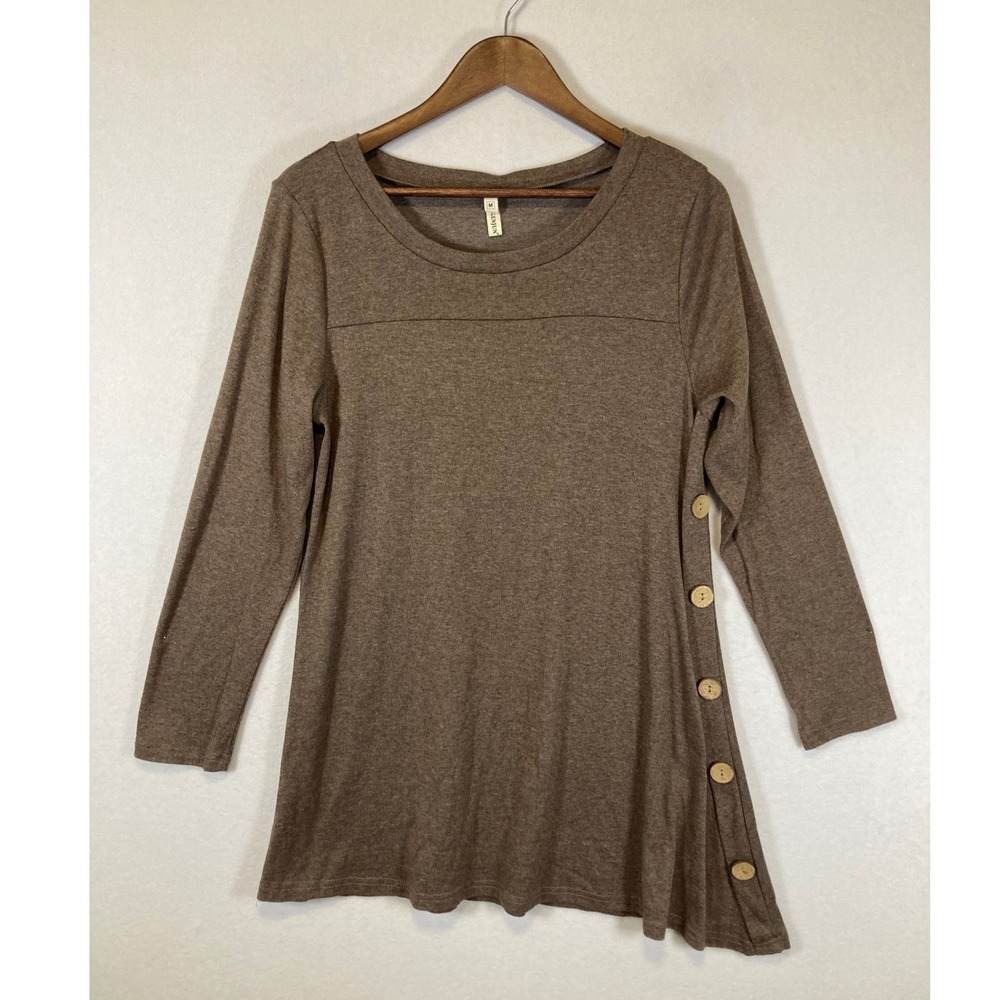 Boho Lagenlook IGENJUN Women Medium Brown Side Button‎ Asymmetrical Tunic Top